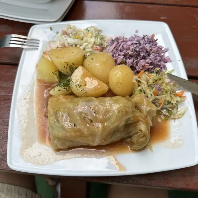 Gołąbek w sosie z ziemniakami z koperkiem i surówkami